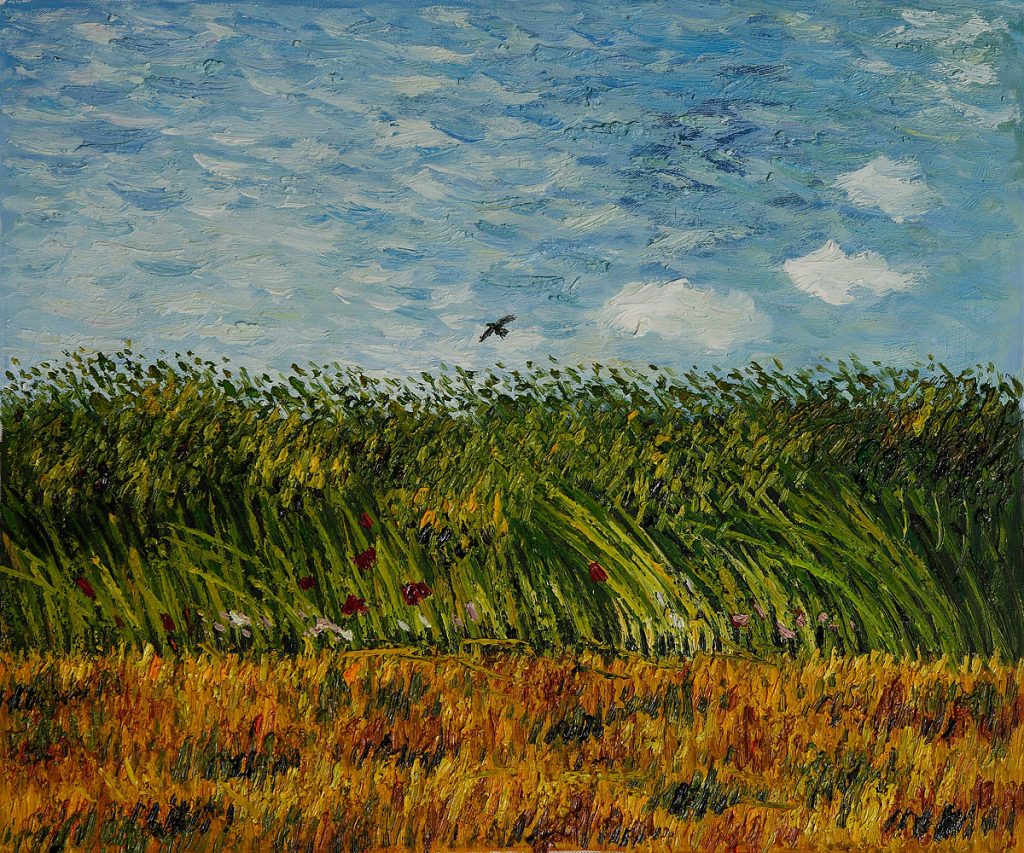 junto a un campo de trigo, con amapolas, y una alondra, de Van Gogh